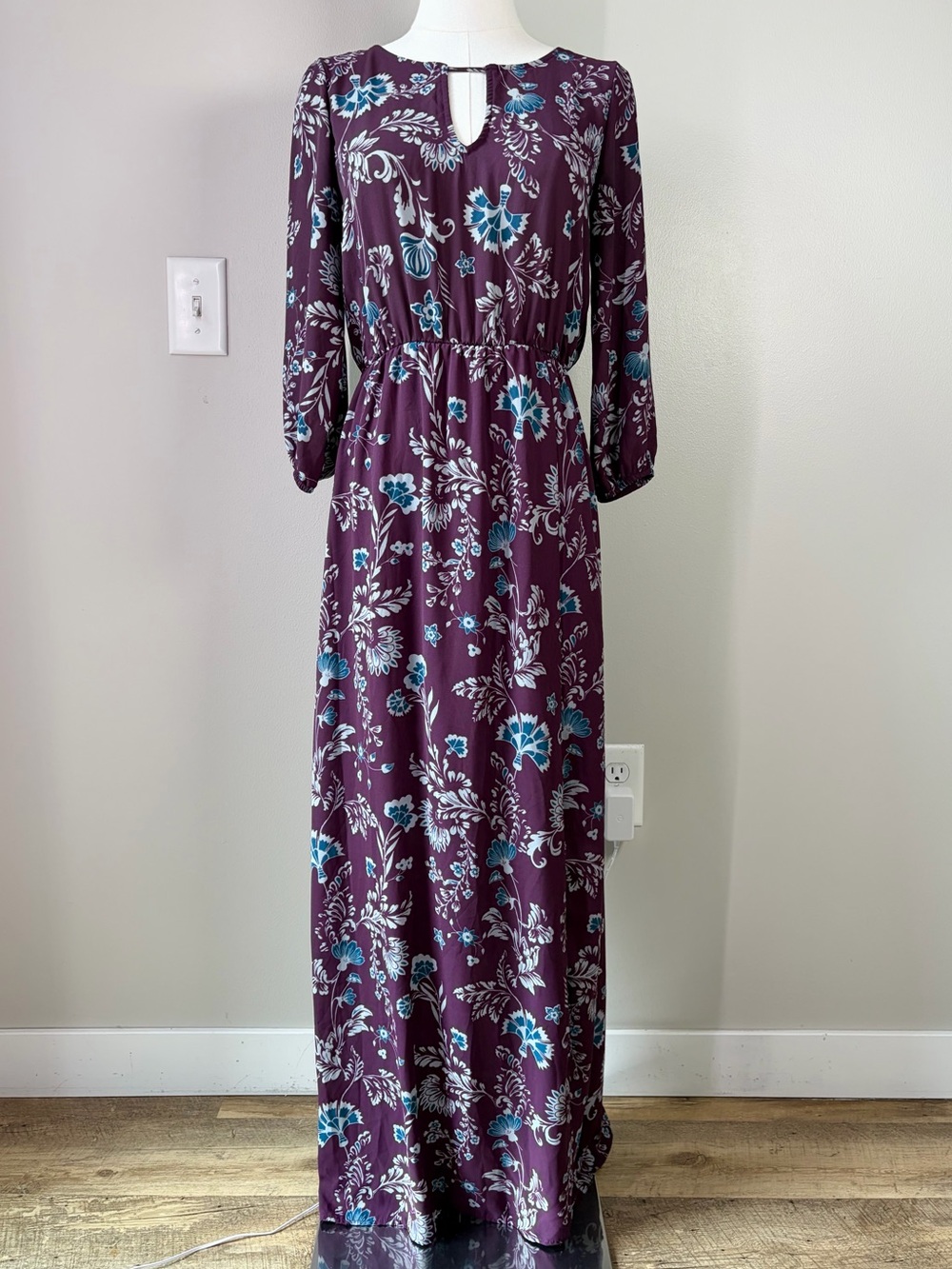 Everly Dark Purple Floral Print Maxi Dress Boho Keyhole Whimsy